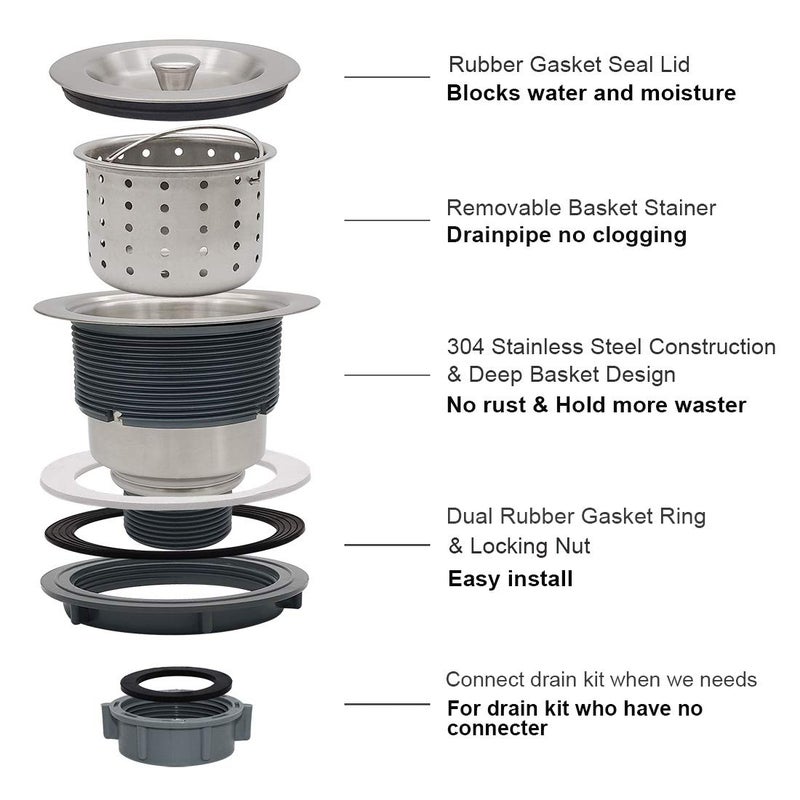 GZILA 3-1/2-Inch Kitchen Sink Drain Strainer Assembly Kit, GZILA Deep Waste Basket Strainer with Sealing Lid Sink Stopper, 304 Stainless Steel Brushed Nickel - Image 5